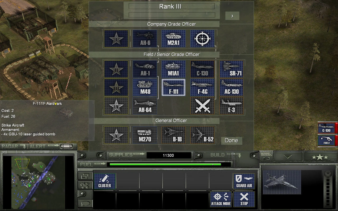 Im Spielmenü werden Rang III Luftfahrzeuge und ihre Symbole im Cold War Crisis Mod von Command & Conquer Generals angezeigt