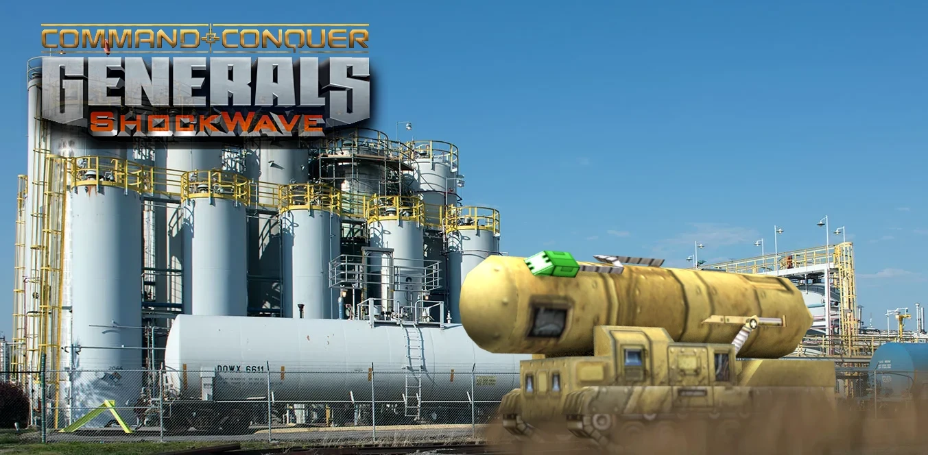 Крупная желтая ракетная установка на фоне промышленных резервуаров и голубого неба в моде Command and Conquer ShockWave EX