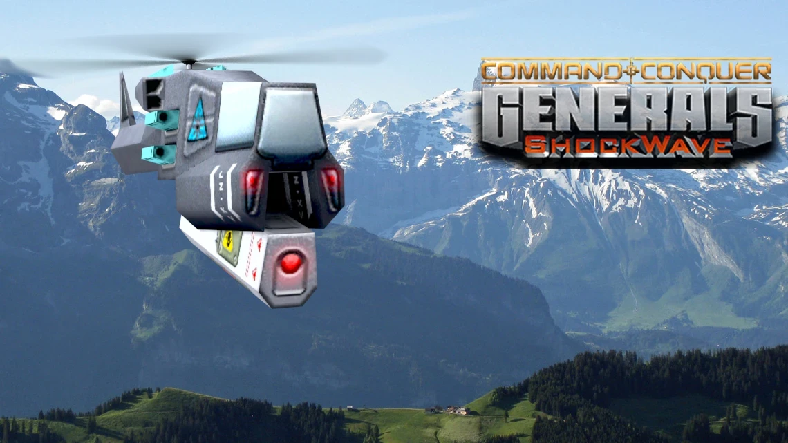 Футуристический космический корабль с голубыми и красными светящимися ракетами над гористой местностью в моде Command & Conquer ShockWave EX