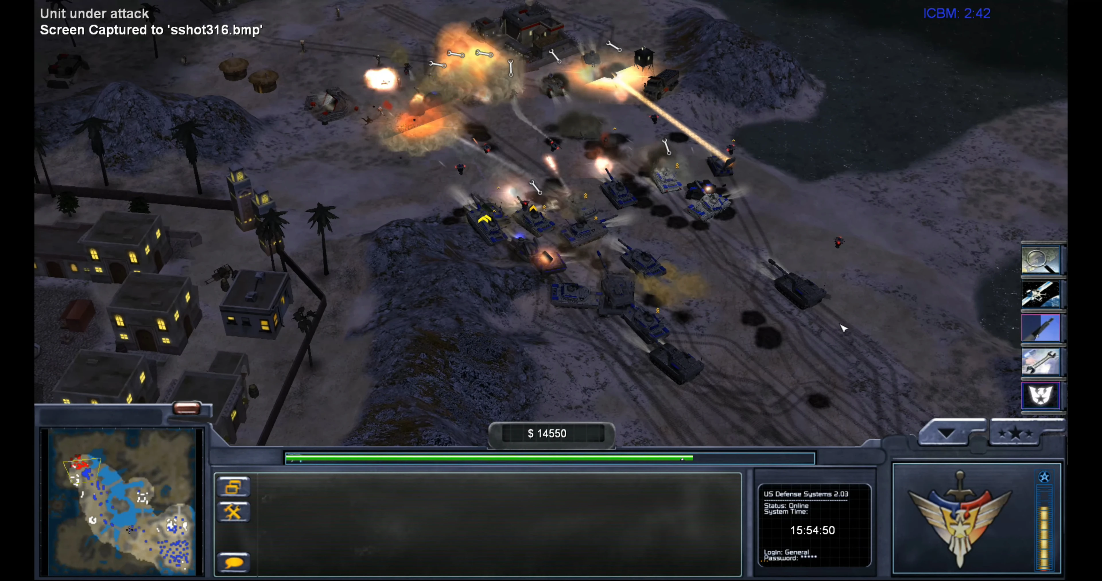 Screenshot zeigt schweren Panzerkampf mit Explosionen und Infanterie im Küstengelände im Command & Conquer Mod Condition Zero