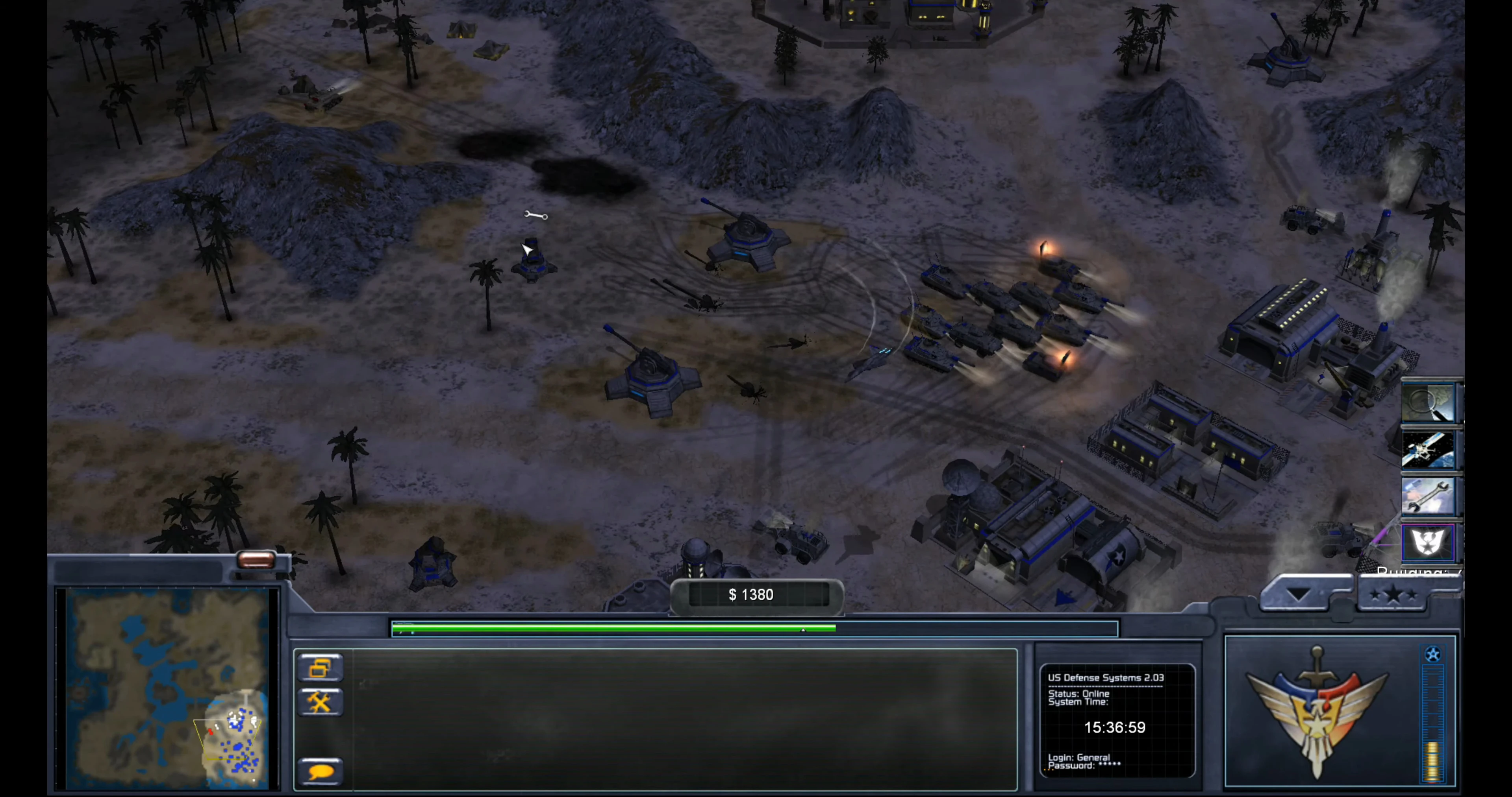 Screenshot einer nächtlichen Basis mit Panzern, Türmen und Gebäuden im Command & Conquer Generals Mod Interface