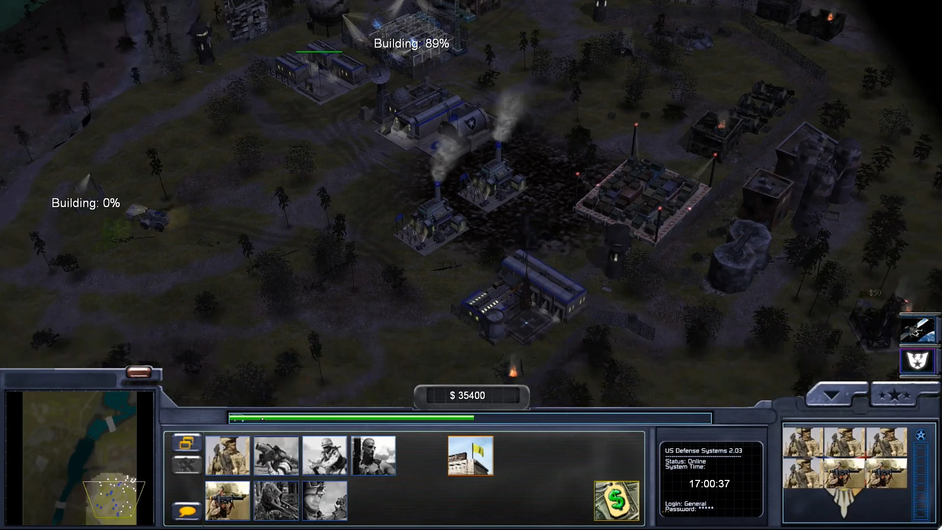 Spiel-Screenshot zeigt nächtlichen Basisbau-Fortschritt und Einheitsauswahl im Condition Zero Mod