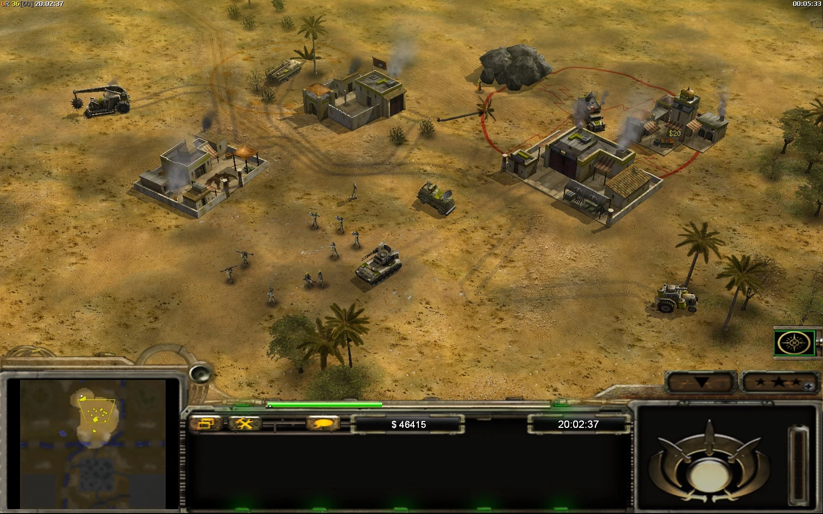 Скриншот геймплея Command & Conquer Generals с пустынной базой, пехотой, танками и техникой в моде Contra