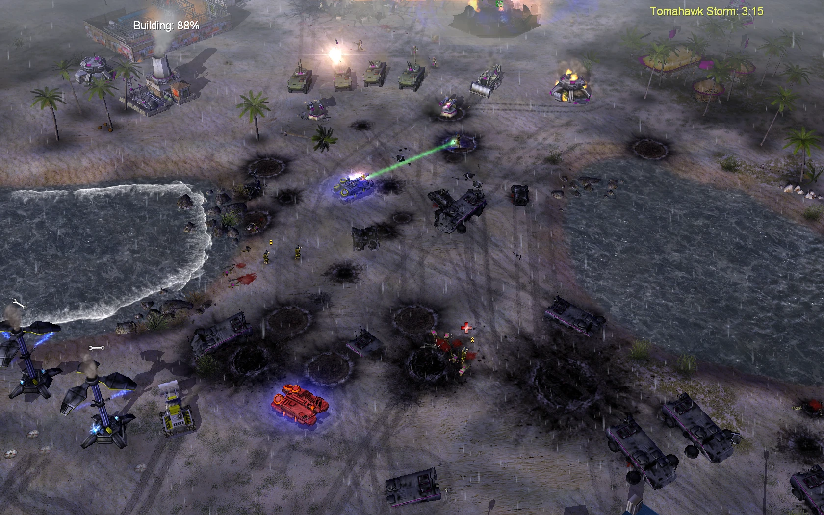 Дождливый боевой участок в моде Contra для Command & Conquer Generals с танками, пехотой, взрывами рядом с водой и повреждёнными зданиями