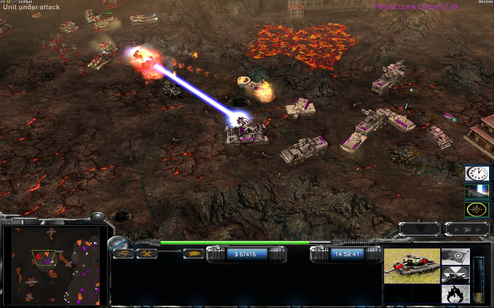 Скриншот мода Contra для Command & Conquer Generals, показывающий выстрел частотной пушки по вражеской единице на вулканической местности