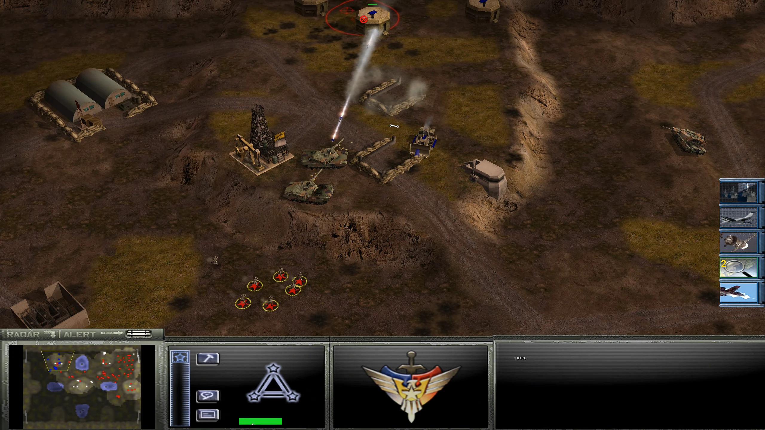 Screenshot from Crash of War mod showing tanks attacking a fortified position in Command & Conquer Generals