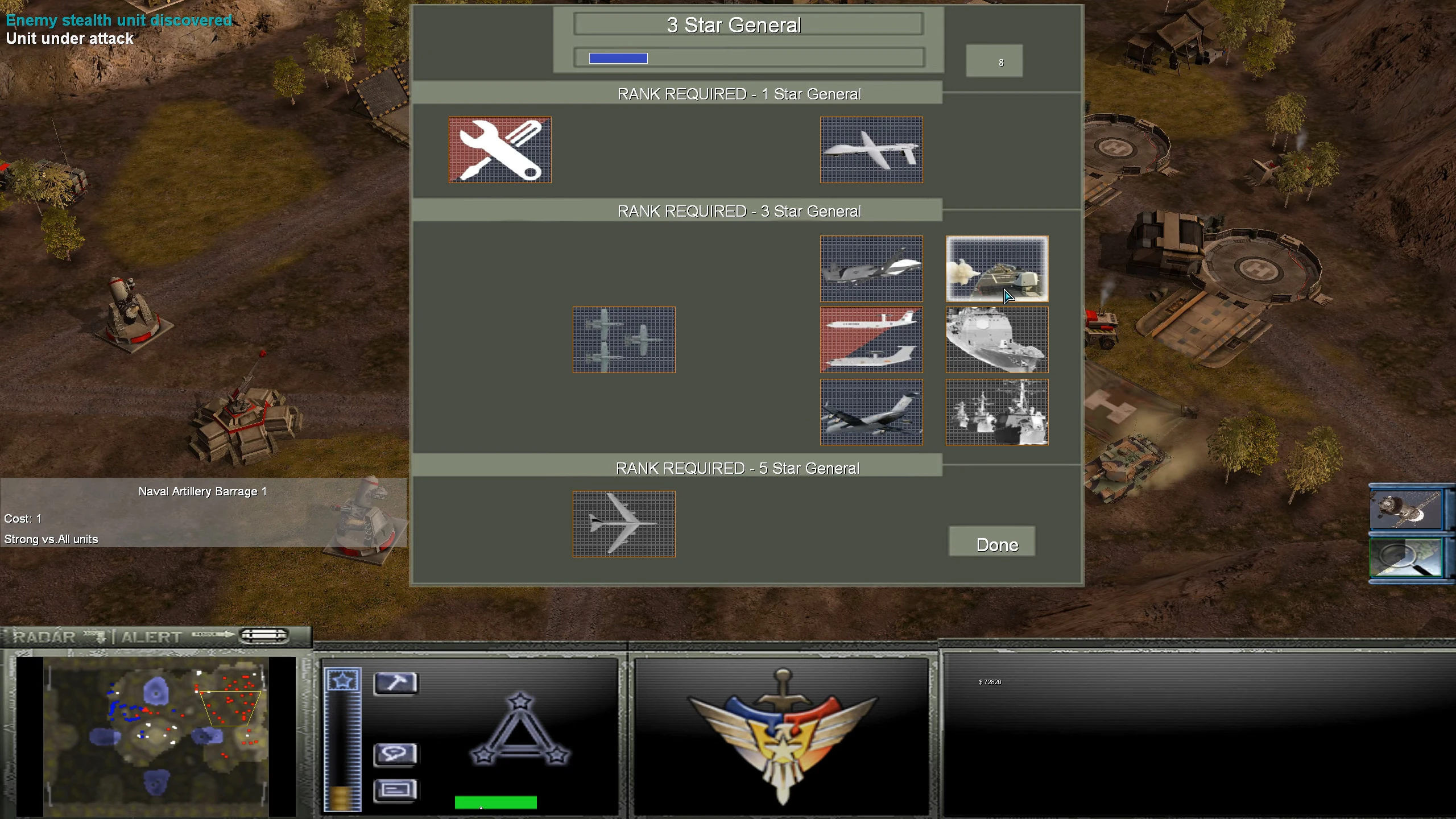 Gameplay screenshot showing rank upgrades and superweapon options menu in Command & Conquer Generals Crash of War mod