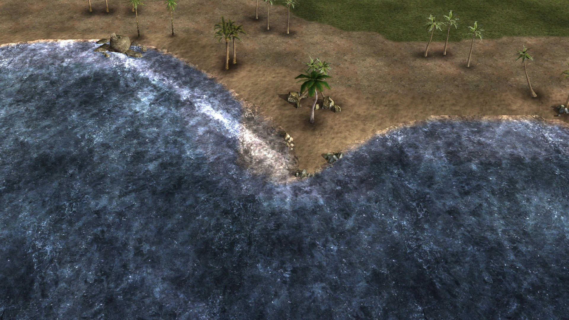 Draufsicht auf einen sandigen Strand mit Palmen und felsiger Küste im Crash of War Mod von Command & Conquer Generals