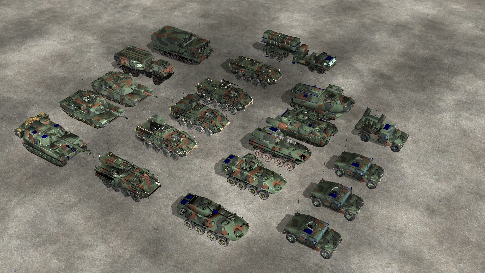 Luftansicht verschiedener getarnter Panzerfahrzeuge und Militärlastwagen auf Betonboden im Crash of War Mod