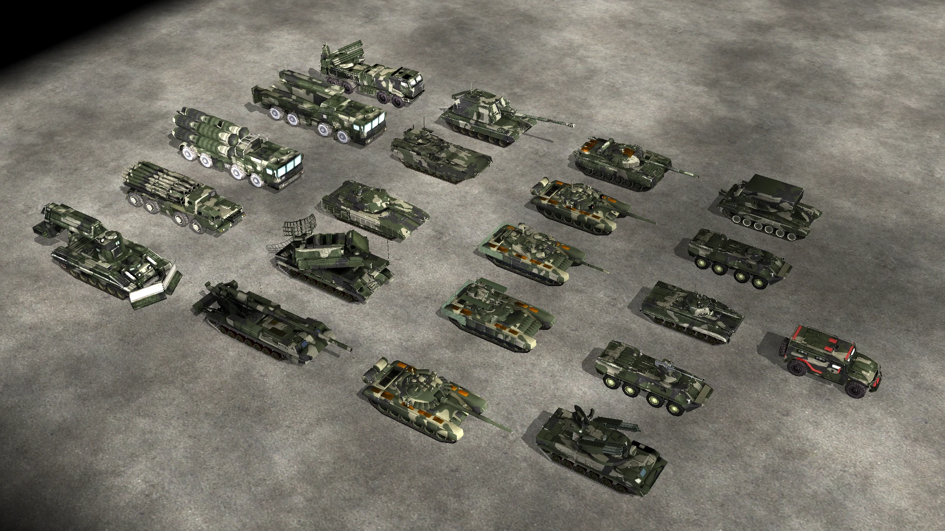 Screenshot zeigt eine Auswahl getarnter Militärpanzer und Raketenwerfer aus dem Crash of War Mod