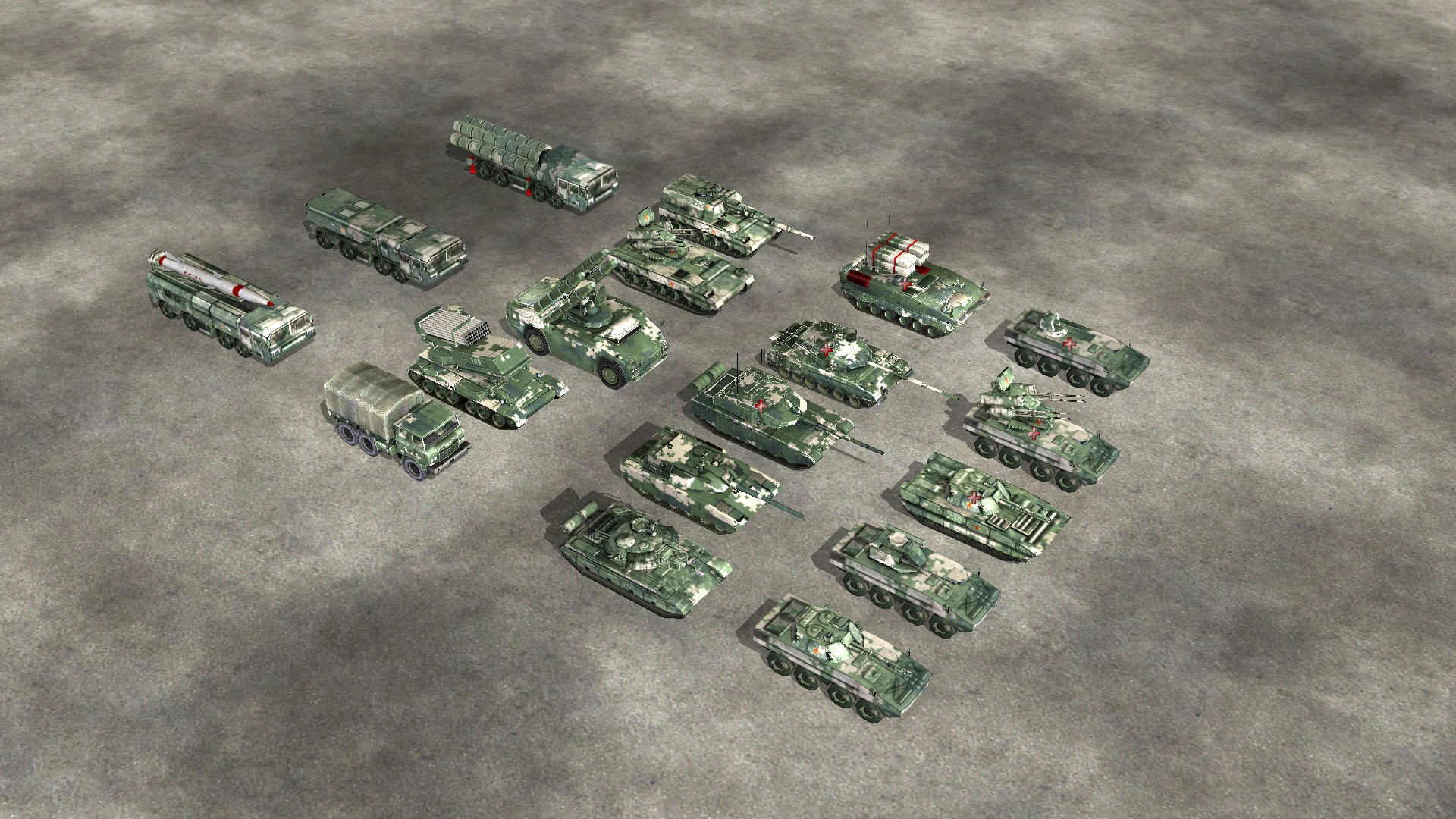 Screenshot zeigt eine Sammlung grün getarnter Militärfahrzeuge und Panzer im Crash of War Mod zu Command & Conquer Generals