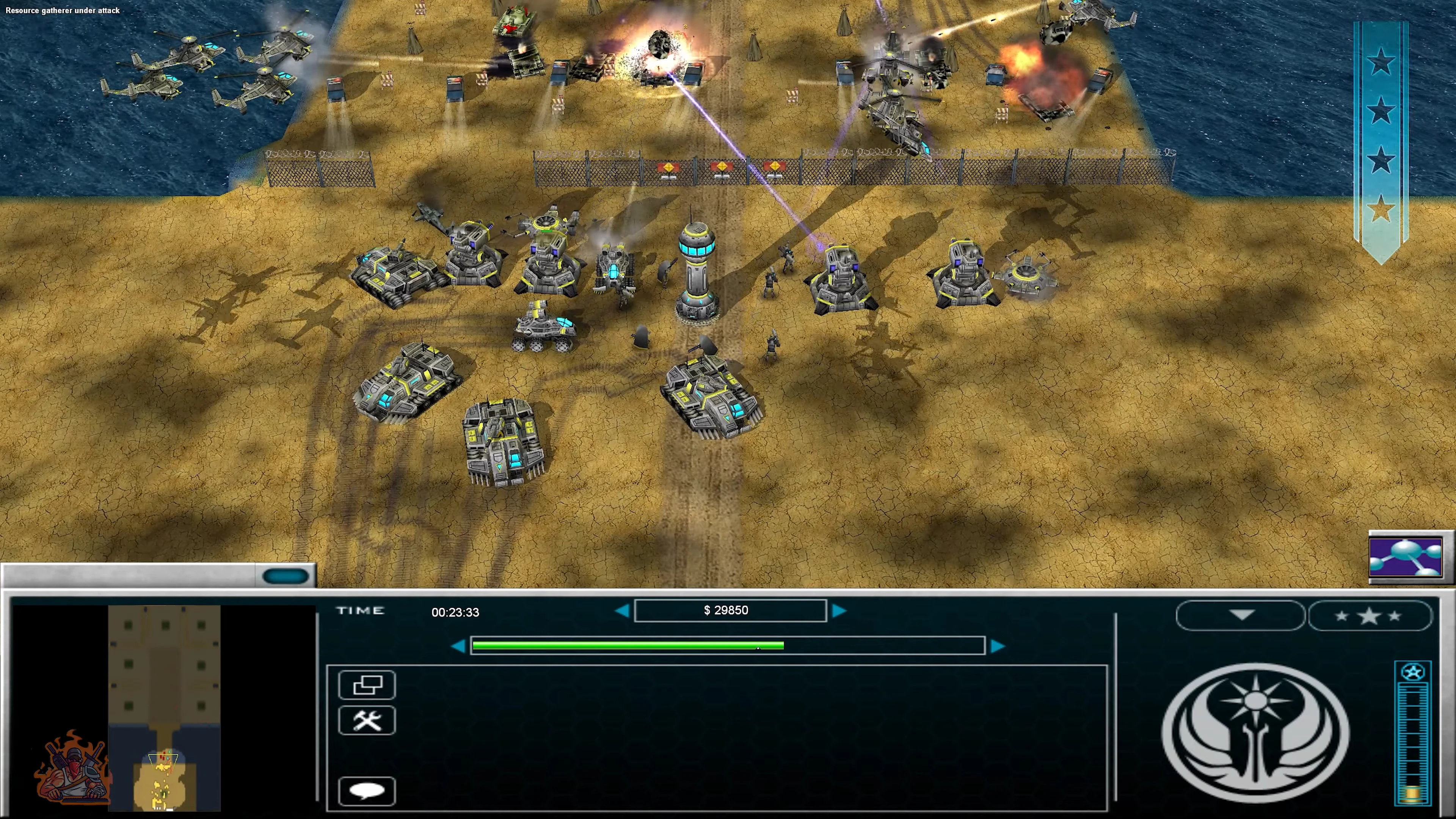 Screenshot zeigt Basisverteidigung mit Geschütztürmen und Einheiten im Kampf nahe dem Wasser im Deep Impact Mod