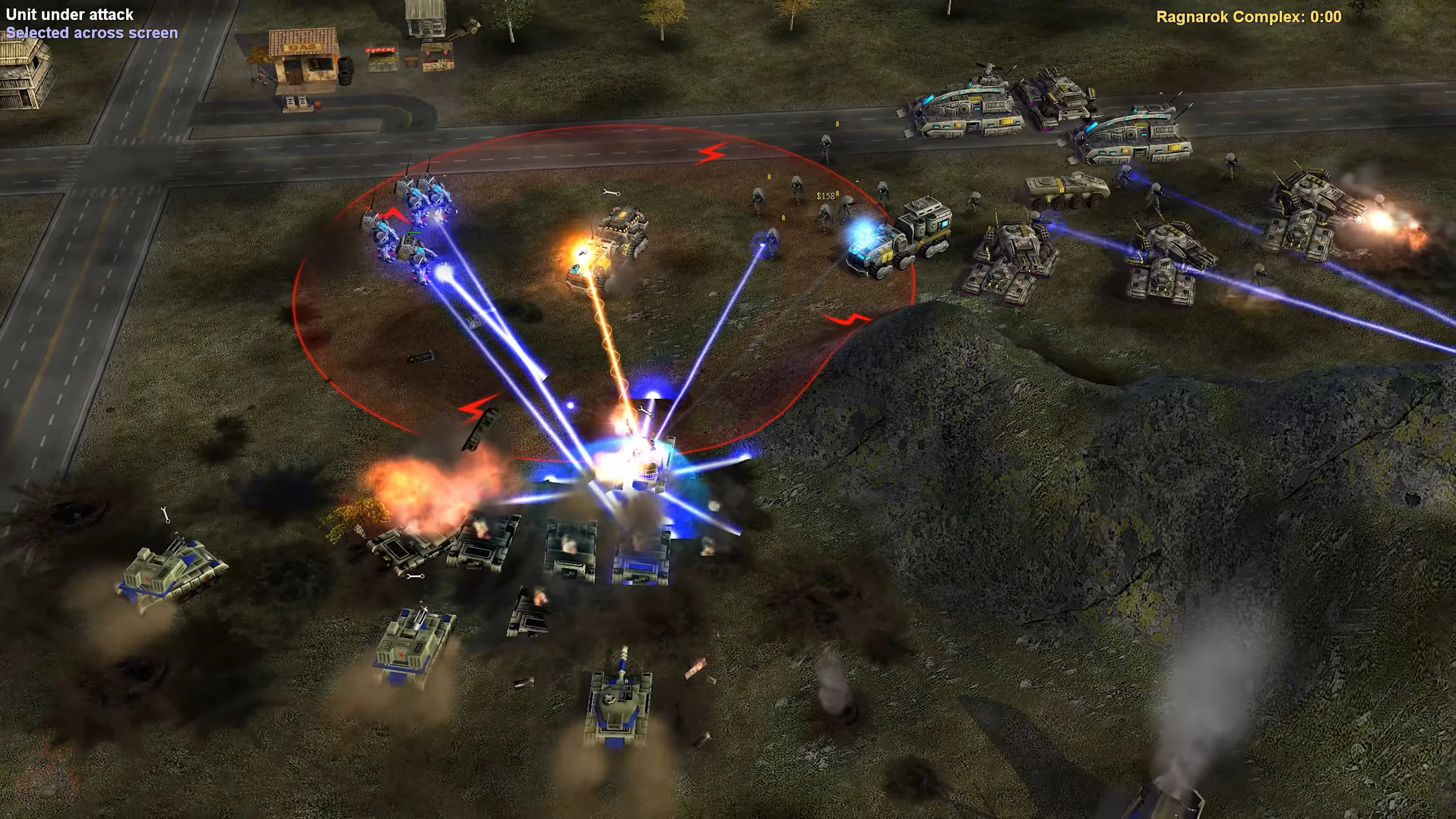 Intensiver Kampf mit futuristischen Panzern und Infanterie, die Energiestrahlen und Explosionen im Deep Impact Mod von Command & Conquer: Generals austauschen