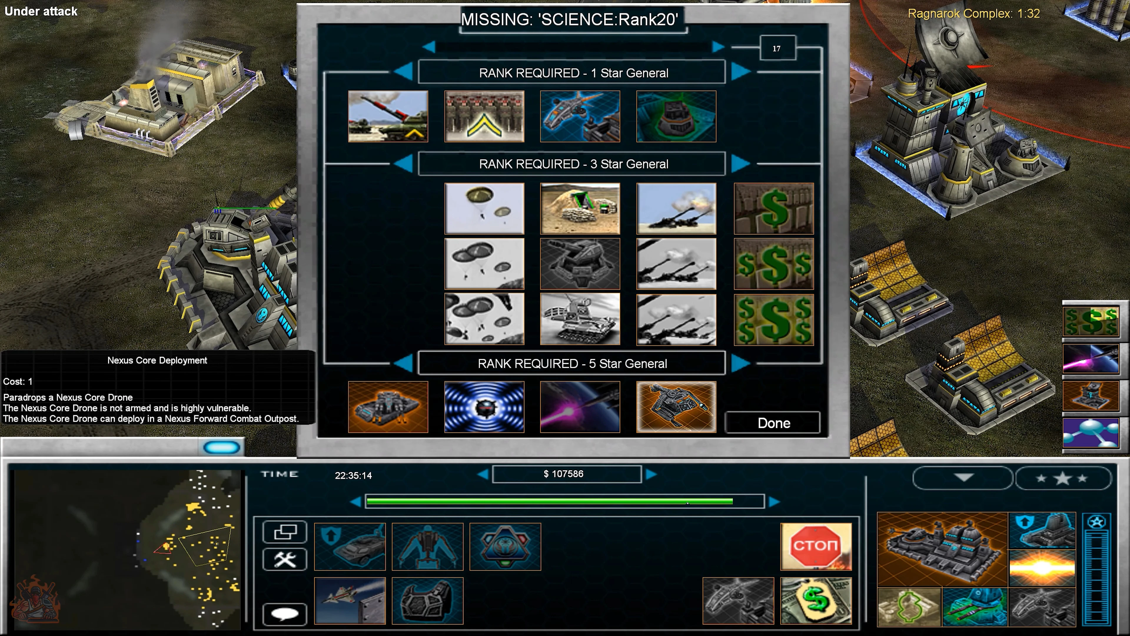 Screenshot zeigt Einheitenfähigkeiten und Rang-Upgrades im Deep Impact Mod von Command & Conquer Generals