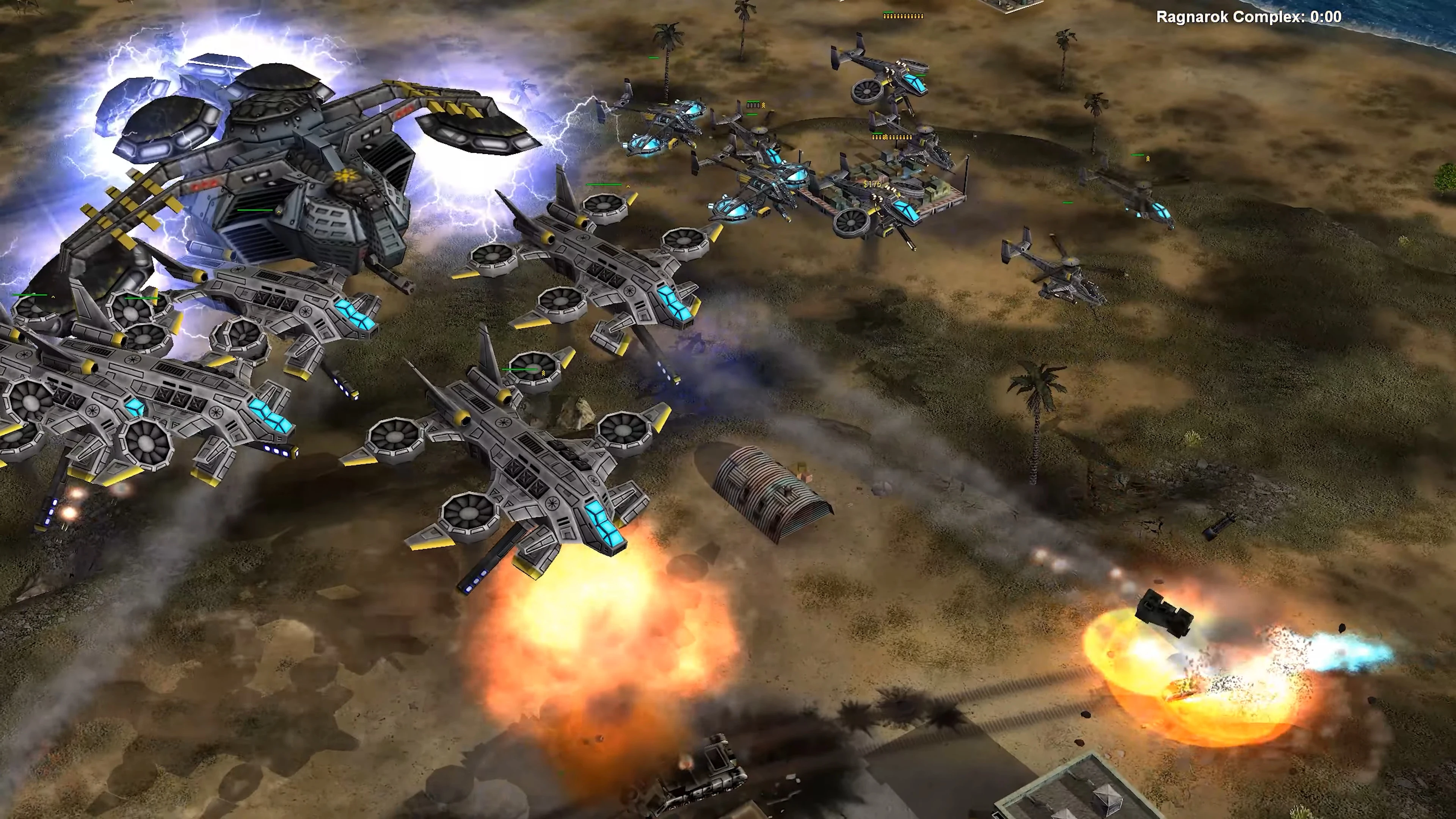 Futuristische Flugzeuge greifen Bodenziele mit Explosionen und Energieschilden im Deep Impact-Mod für Command & Conquer Generals an