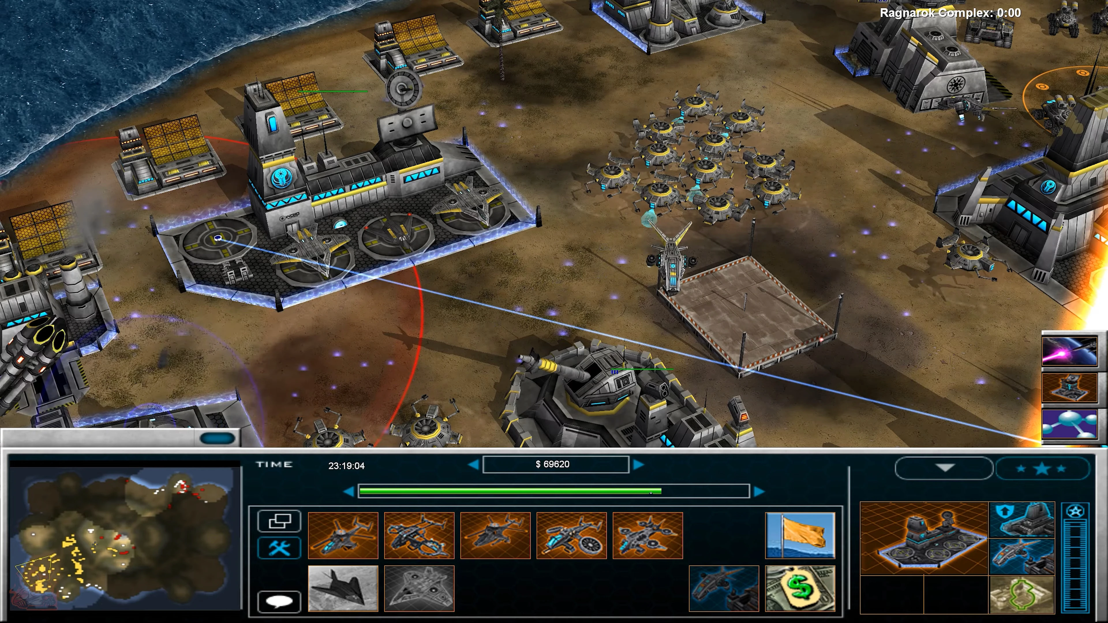 Gameplay des Deep Impact Mods für Command & Conquer Generals mit Basisgebäuden, Lufteinheiten und Interface
