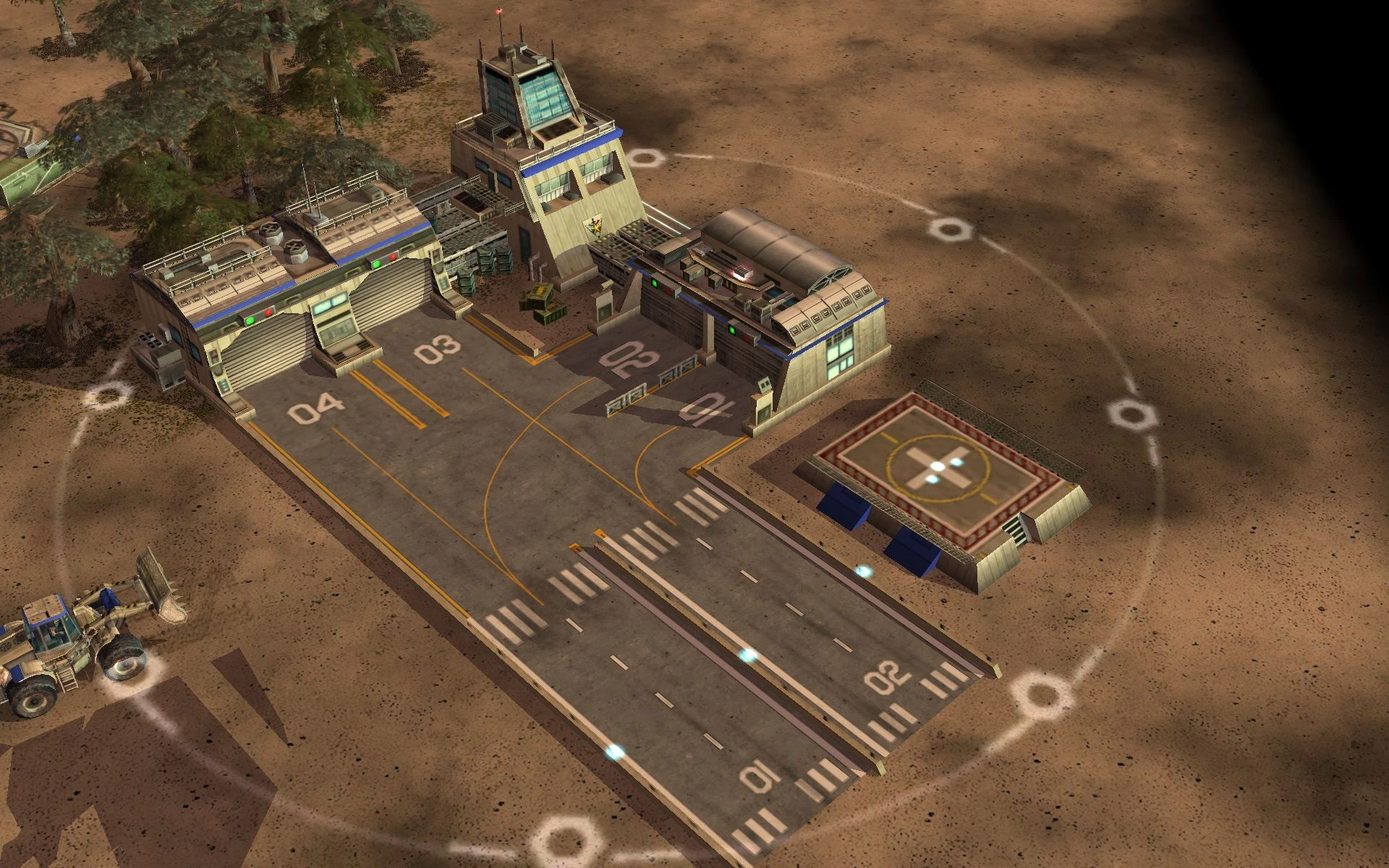 Draufsicht auf ein militärisches Flugfeld mit Start- und Landebahnen sowie Gebäuden im Command & Conquer Generals Mod