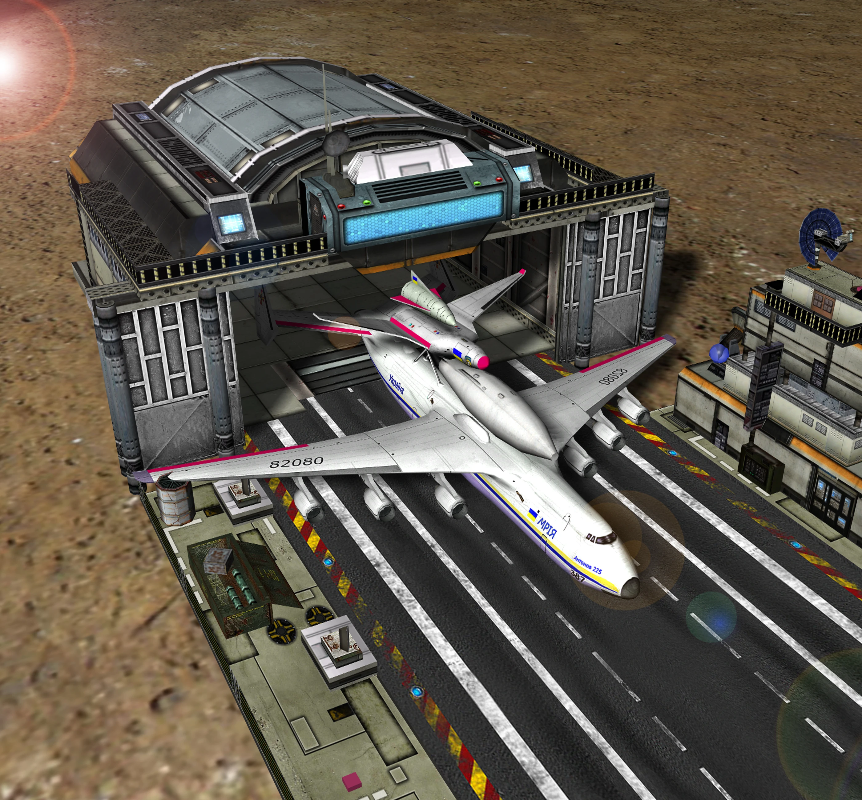 3D-Darstellung eines großen Passagierflugzeugs, das teilweise in einem futuristischen Flugzeughangar im Spielmod abgestellt ist