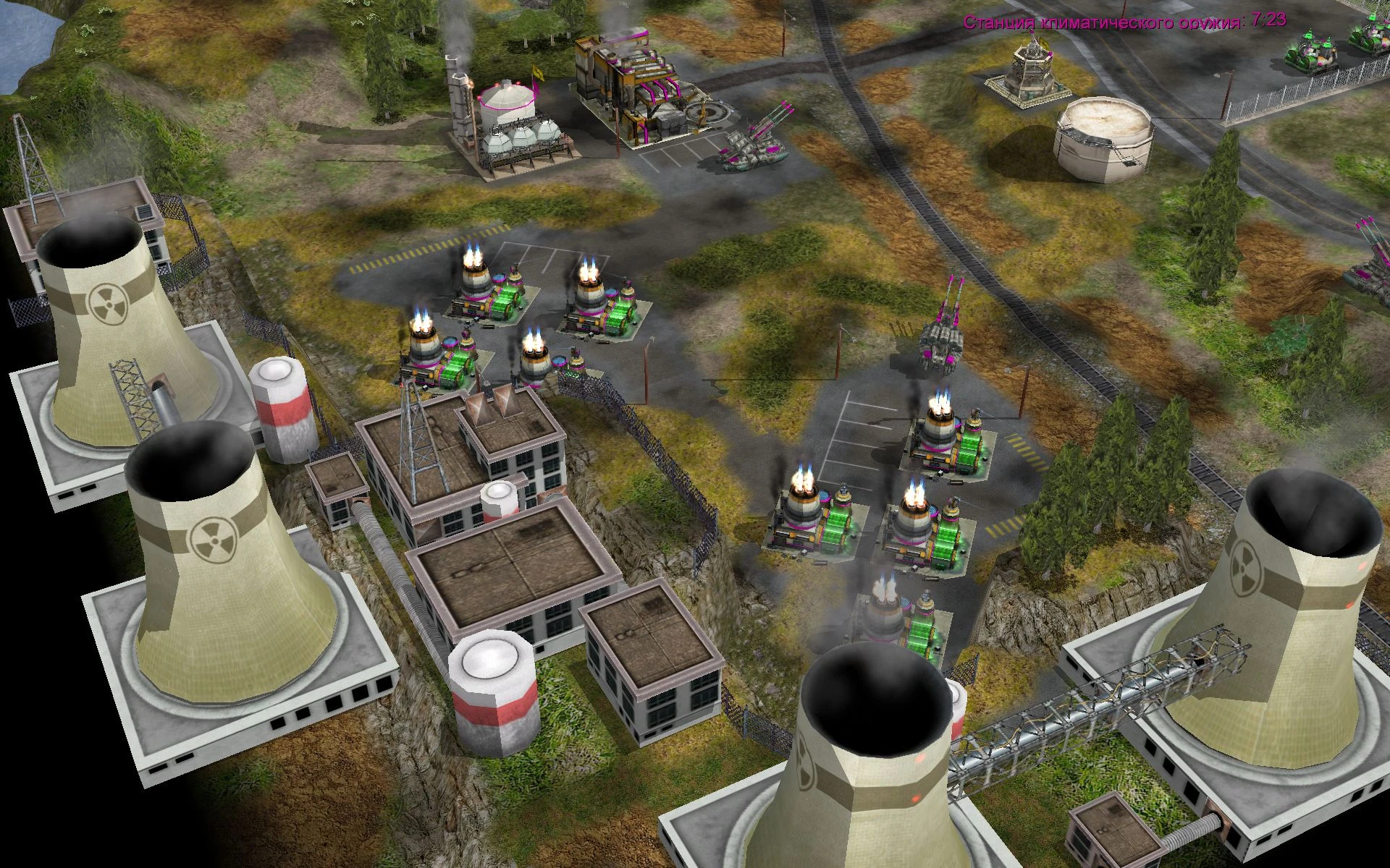 Vogelperspektive einer Command & Conquer: Generals Mod-Basis mit Kernreaktoren, Verteidigungstürmen und Industriegebäuden