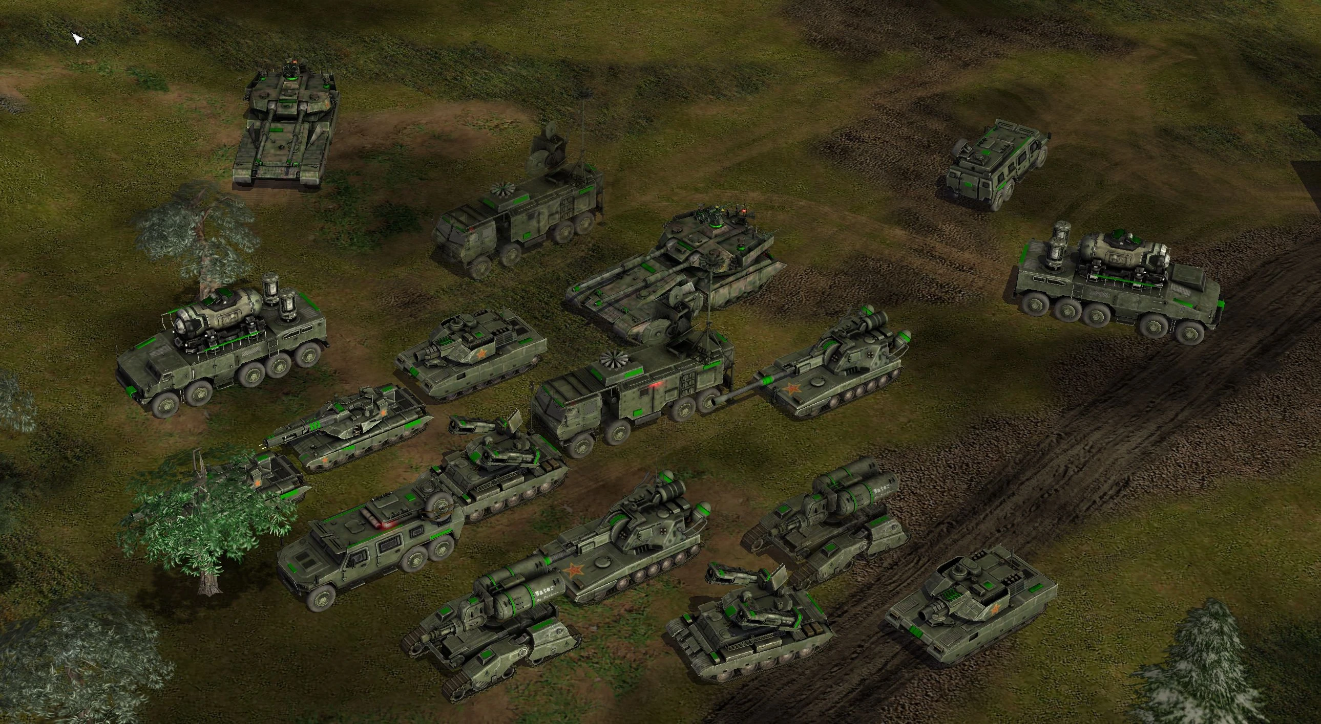 Draufsicht auf verschiedene aufgerüstete Militärfahrzeuge auf Grasboden im Generals 2 Revolution Project Mod