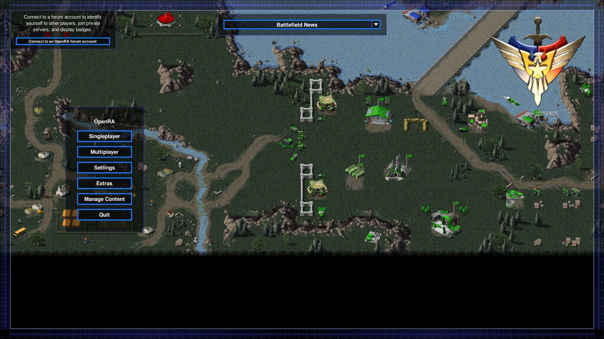 Накладання меню гри на карту Command & Conquer Generals з опціями моду OpenRA та базовими спорудами фракції GLA