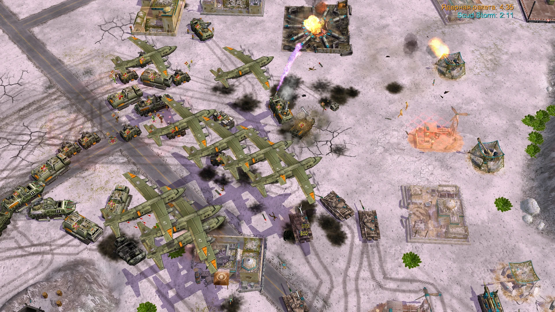 In-Game Screenshot zeigt Flugzeuge, Panzer und Explosionen auf verschneitem Schlachtfeld im Generals Project Raptor Mod