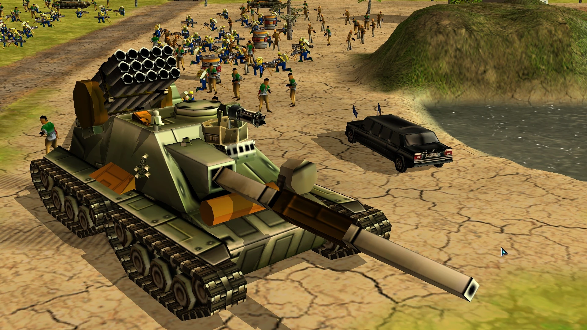 Large military tank with rocket launchers and infantry units on cracked desert terrain near water in Command & Conquer: Generals mod