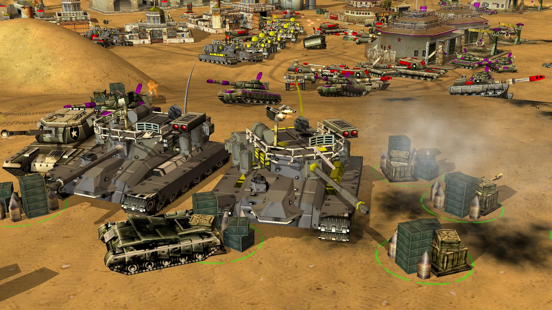 Bildschirmfoto einer Wüstenkampfarena mit schwer bewaffneten Panzern und Fahrzeugen im Project Raptor Mod für Command & Conquer Generals