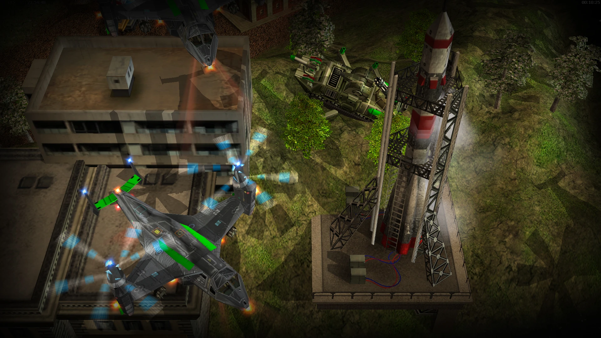 Screenshot of Command & Conquer Generals mod showing War Commanders propeller aircraft near a missile on a launch pad