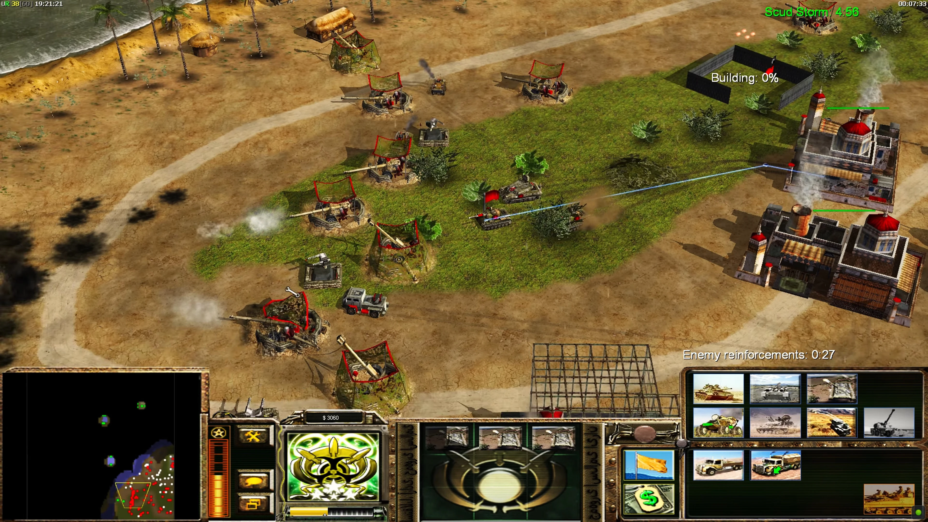 Gameplay-Screenshot zeigt Panzerangriff auf eine Basis mit Verteidigungsanlagen im Generals Project Raptor Mod