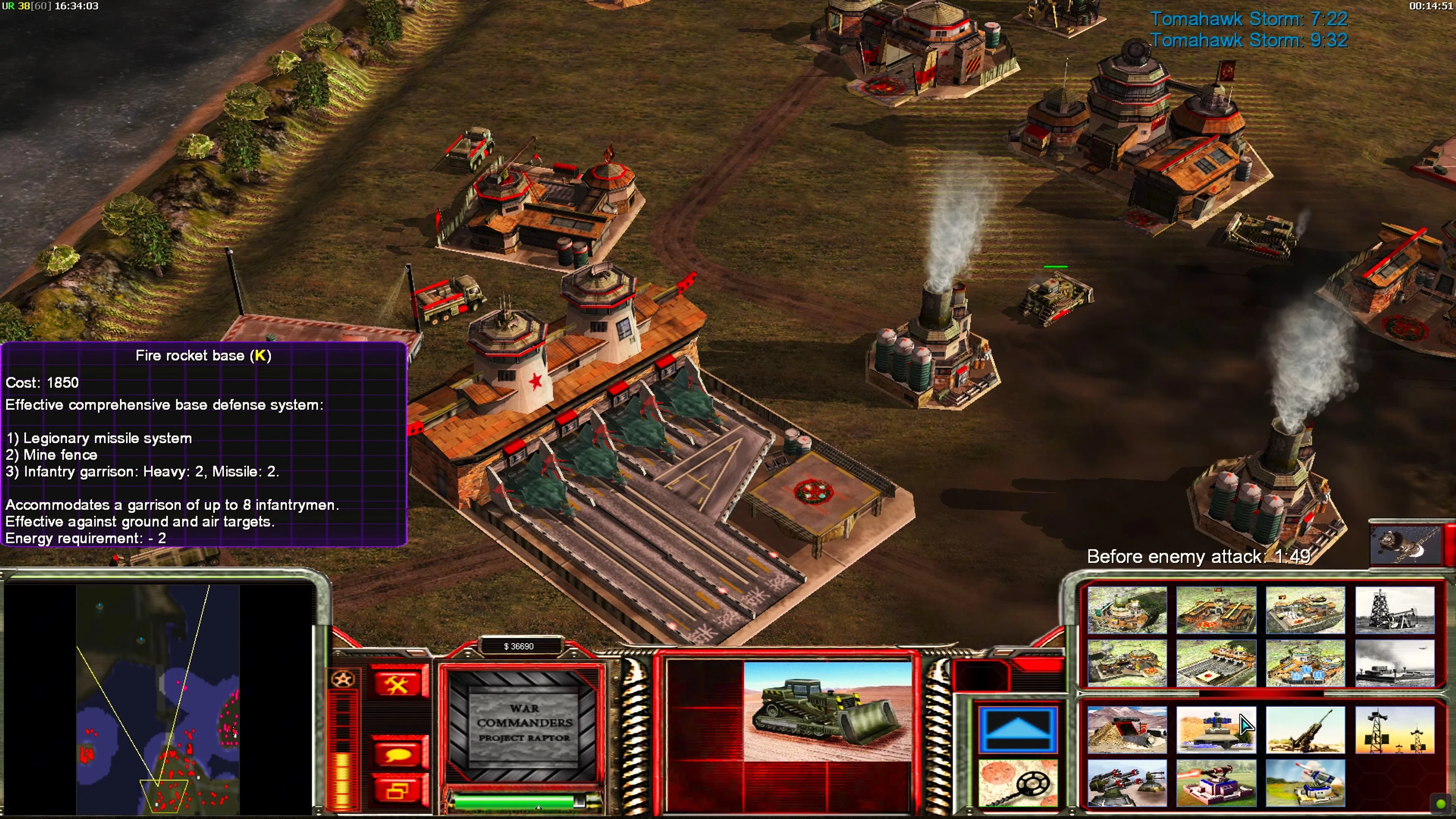 Screenshot aus Command & Conquer Generals mit einer Basis, Gebäuden und Beschreibung der Raketenbasis im Project Raptor Mod
