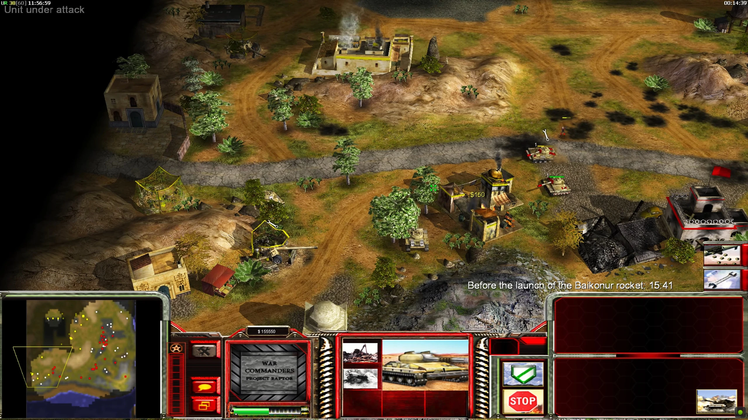 Spielbildschirm zeigt Panzerangriff und Artilleriefeuer auf einer Wüstenkampfarena mit Gebäuden und Benutzeroberfläche aus Command & Conquer Generals Mod