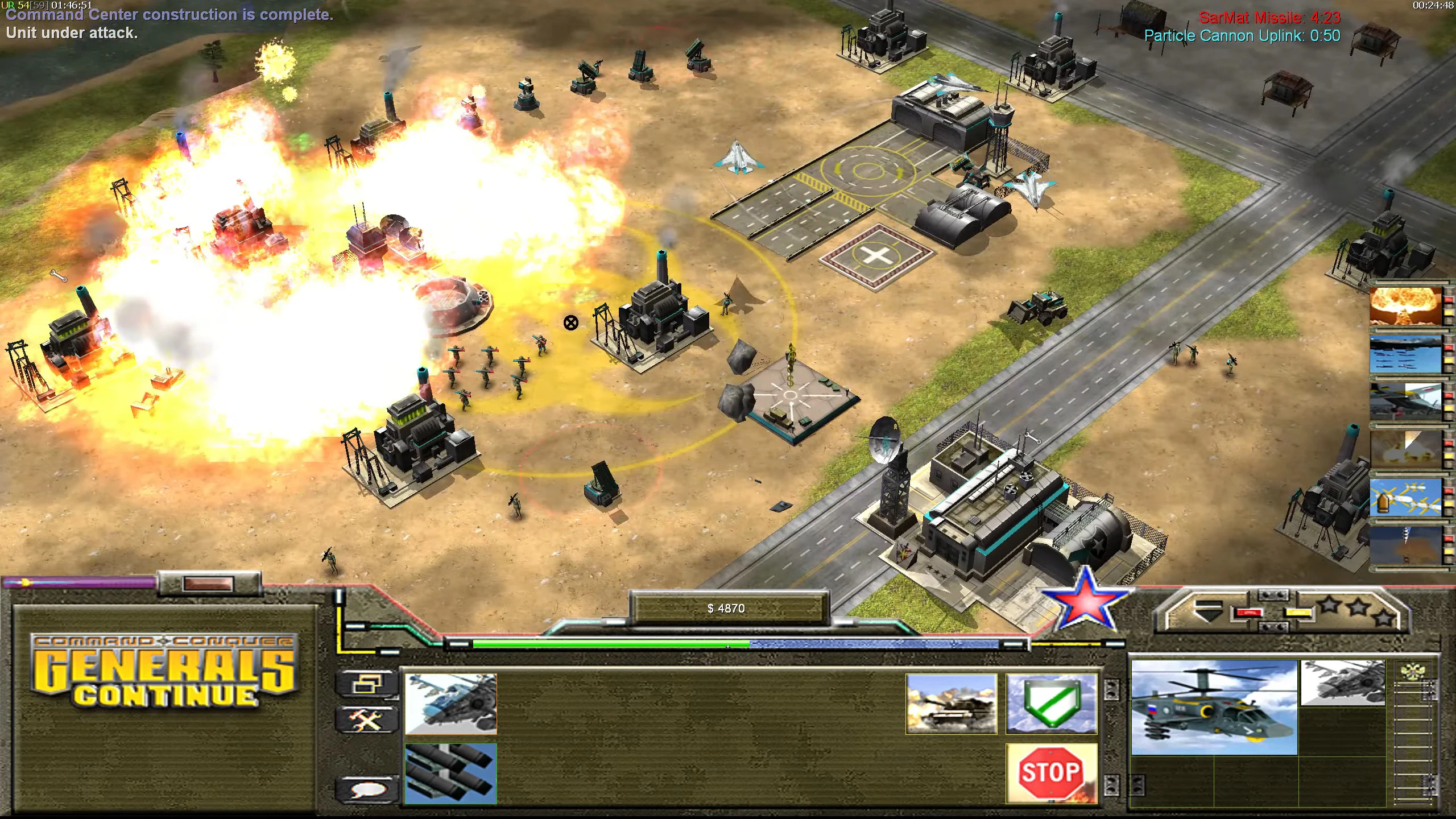 Screenshot of base under heavy explosion attack in Command & Conquer Generals Zero Hour mod