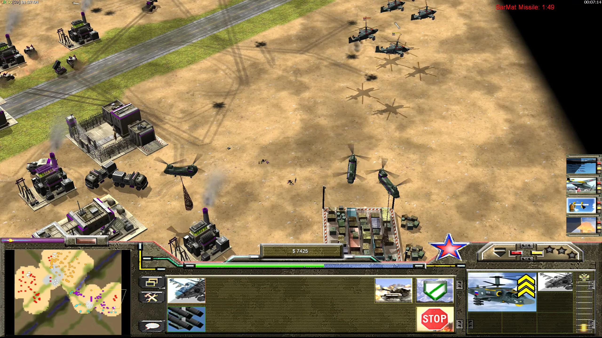 Gameplay screenshot from Command & Conquer Generals Zero Hour mod showing helicopters and military base units on desert map