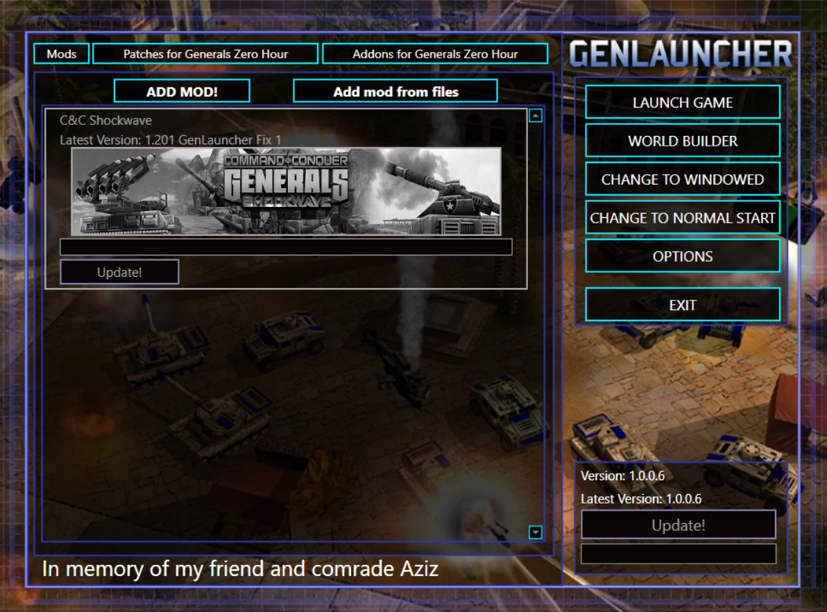 Screenshot des GenLauncher-Mod-Managers mit Optionen zum Hinzufügen von Mods, Updates und Spielstart für Command & Conquer Generals