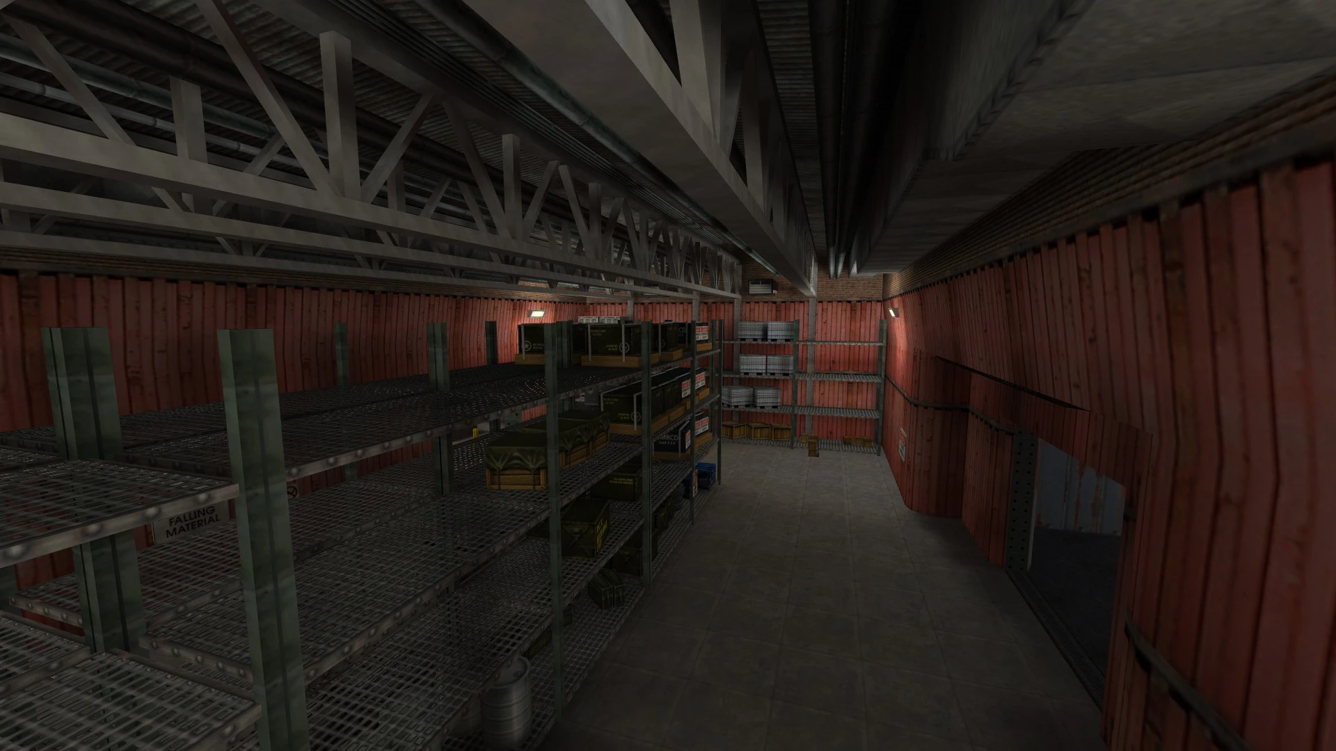 Innenansicht eines industriellen Lagerraums mit Metallregalen und Kisten im Half-Life Recon Mod