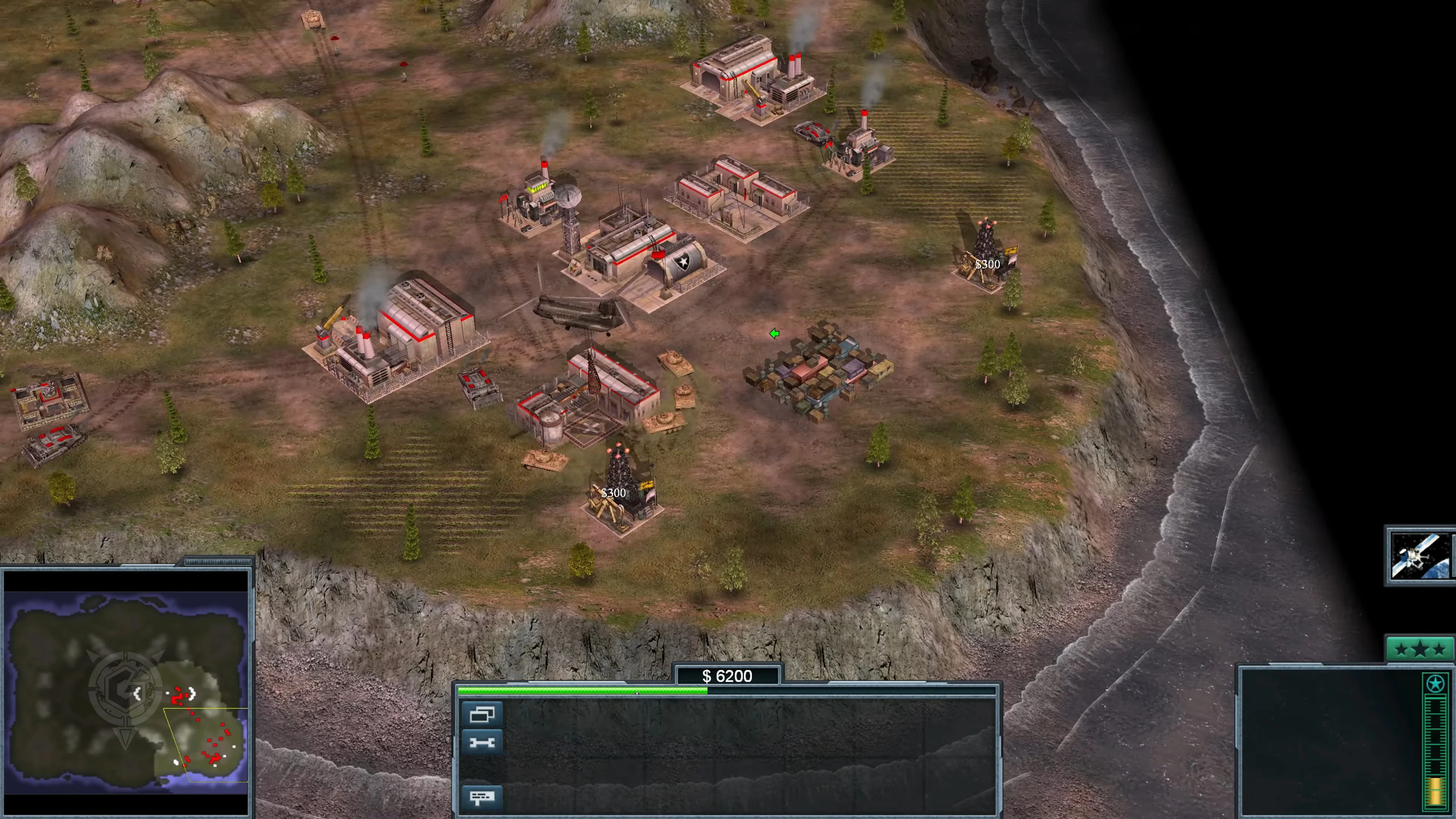 Draufsicht auf eine Militärbasis mit Gebäuden, Panzern und Ressourcenpunkten im Modern Warfare Mod für Command & Conquer Generals