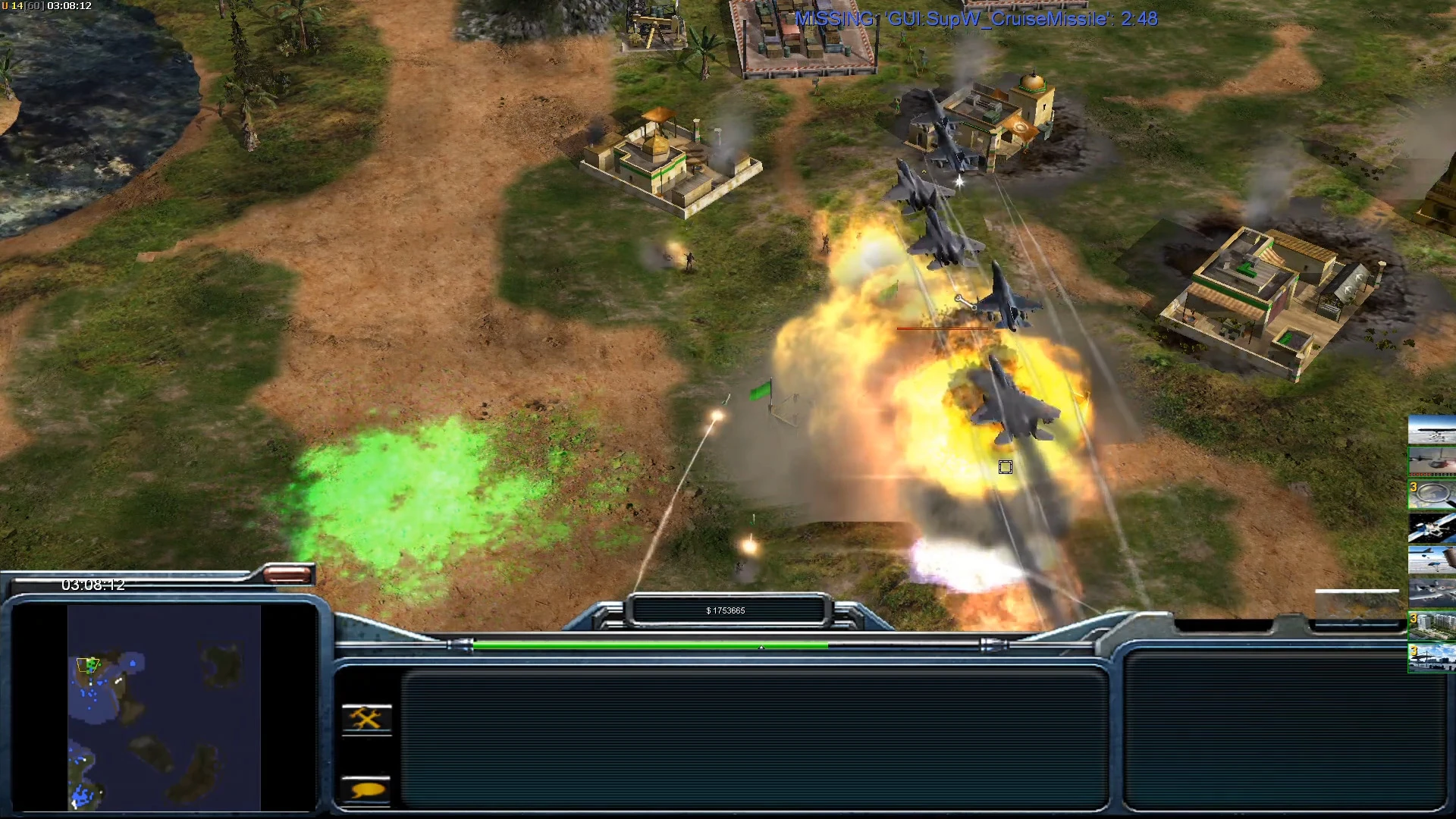 Jets bombardieren Basisgebäude mit Explosionen und sichtbarer grüner Giftwolke im Command & Conquer Generals Mod
