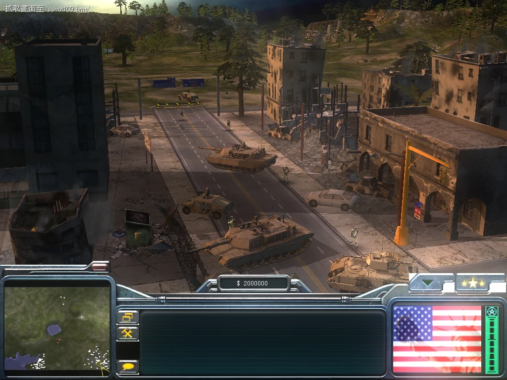 Screenshot of urban warzone with tanks and soldiers on damaged streets, US flag HUD visible