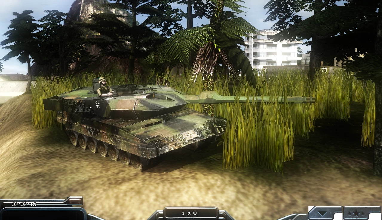 In-Game Screenshot zeigt getarnten deutschen Leopard 2 Panzer mit einem Soldaten in bewaldeter Umgebung