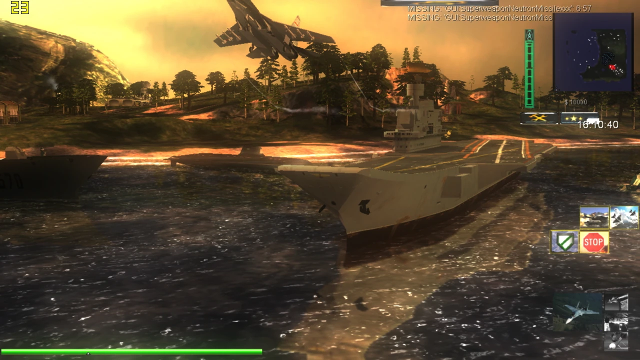 Screenshot des Command & Conquer Generals Gameplays mit Flugzeugträger auf dem Wasser und startendem Jet im Modern Warfare Mod