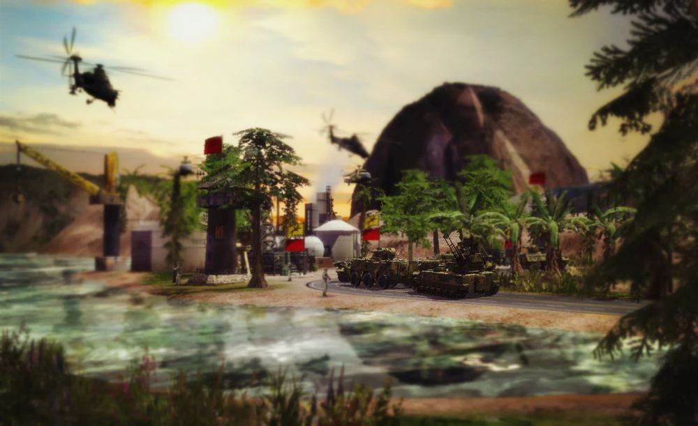 In-game scene showing military helicopters and armored vehicles near a river with trees and a large rock