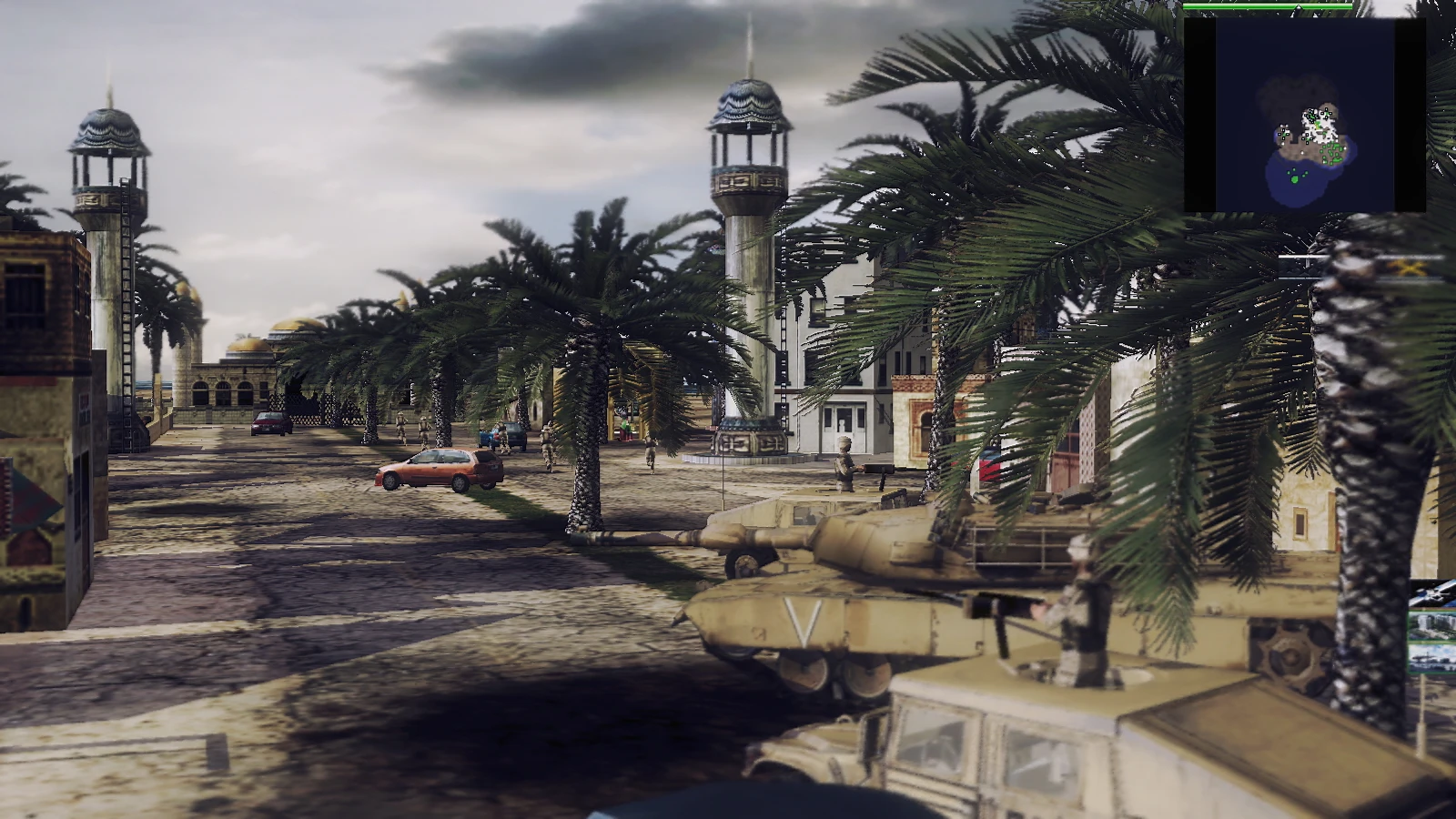 Graue und braune Stadtlandschaft mit Palmen, Panzern, Soldaten und Minikarte im Command & Conquer Generals Mod