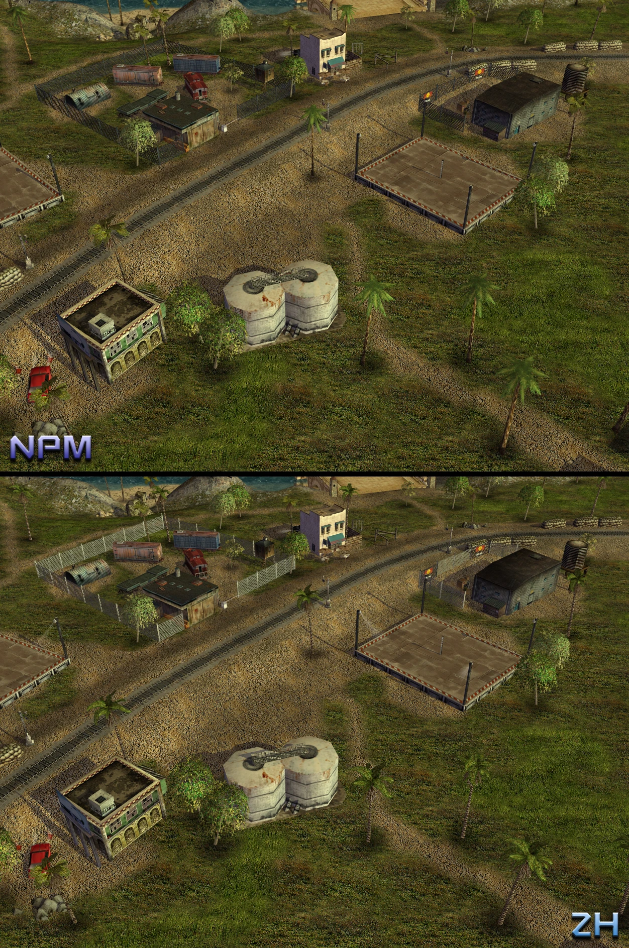 Порівняльне зображення двох версій моду Command & Conquer Generals з змінами бази та огорож