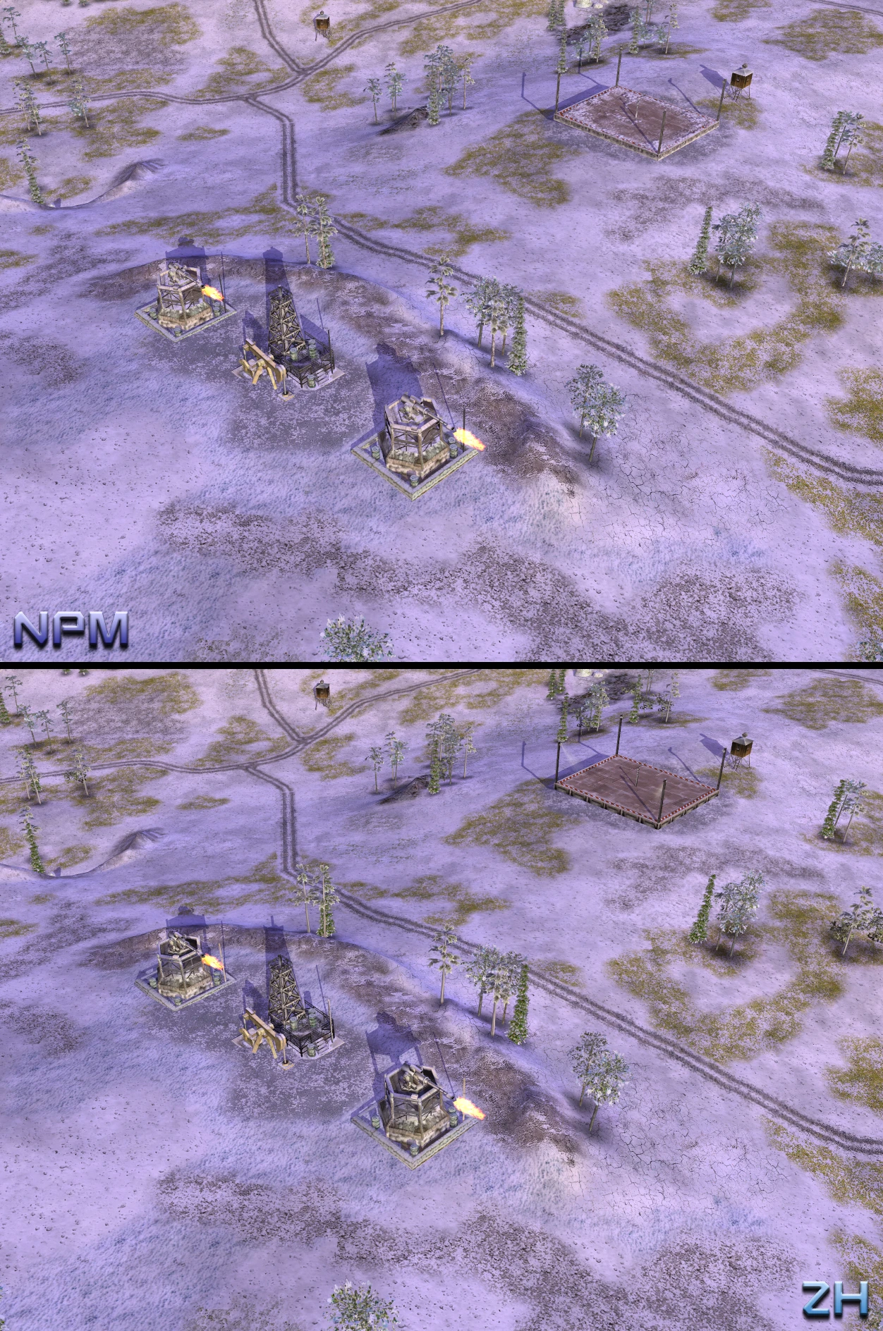 Вигляд зверху на нафтові вишки та оборонні турелі на сніжній місцевості в моді NProject для Command & Conquer Generals