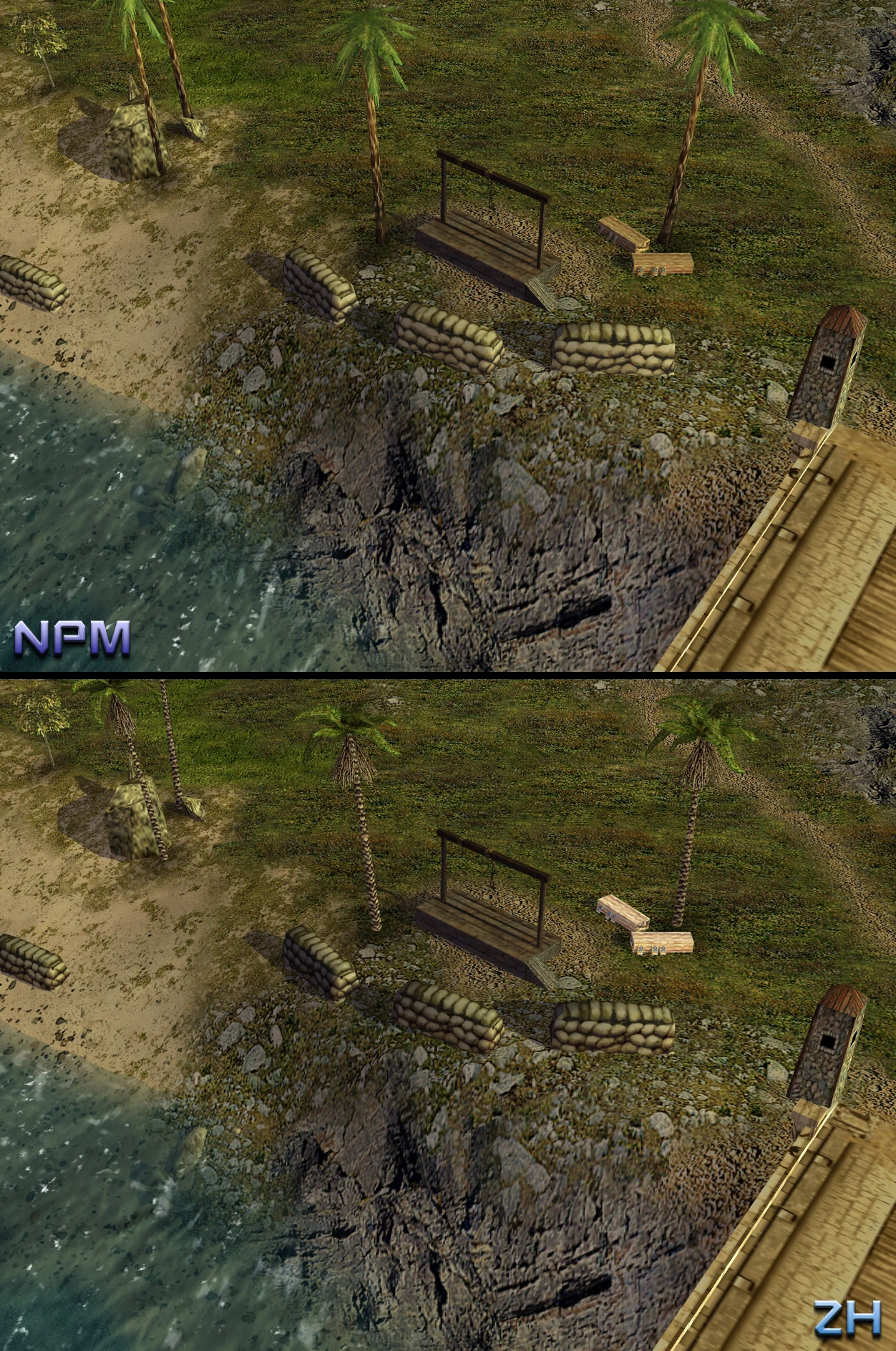 Вигляд зверху на прибережну оборонну позицію з бар’єрами з мішків, пальмами, дерев’яною платформою та сторожовою вежею в моді Command & Conquer Generals