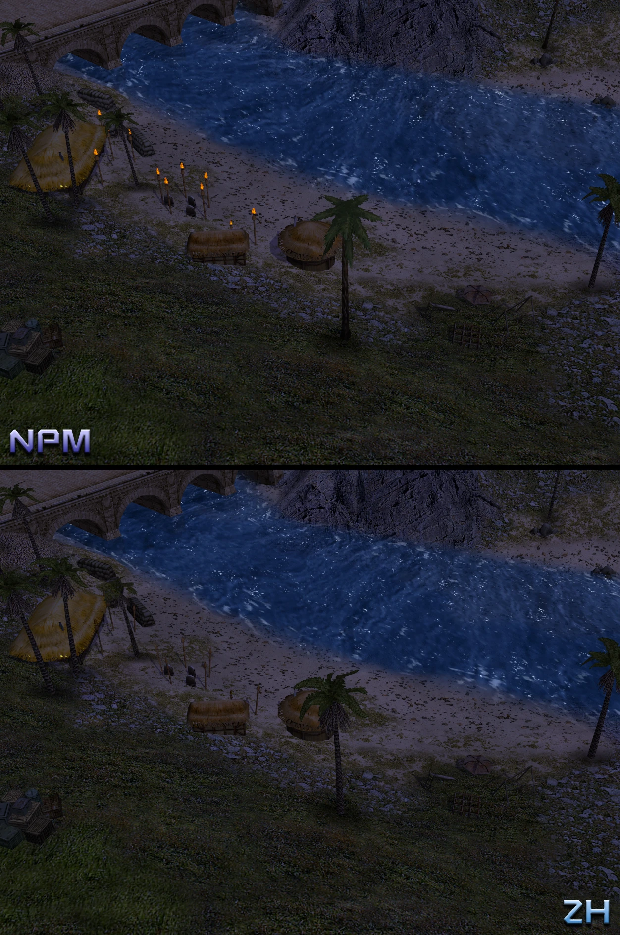 Два скріншоти з річкою, солом'яними хижами, пальмами та вогнями факелів у нічному селищі