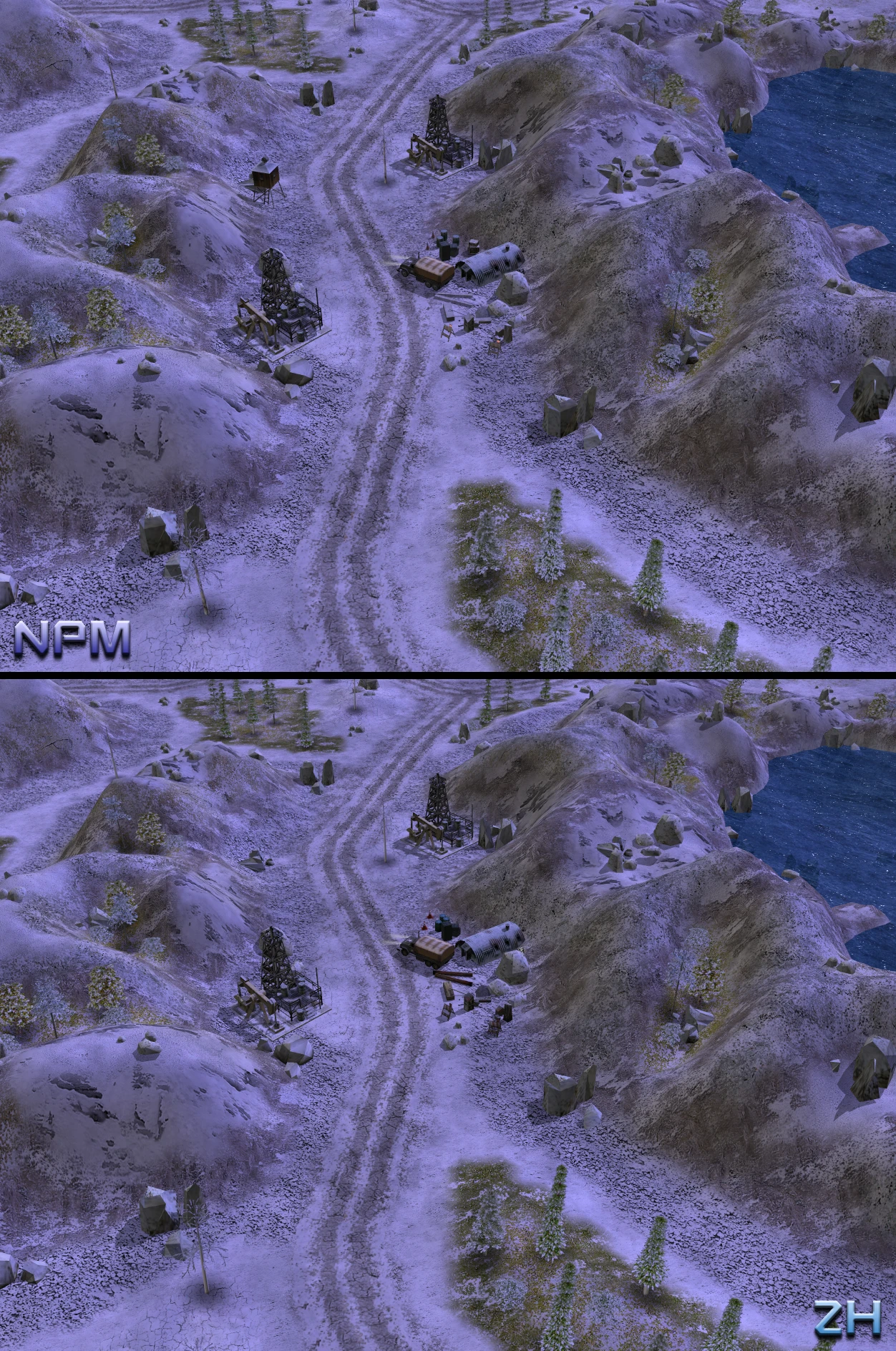 Два порівняльних скріншоти засніженої гірської дороги з нафтовими вишками біля озера у моді NProject