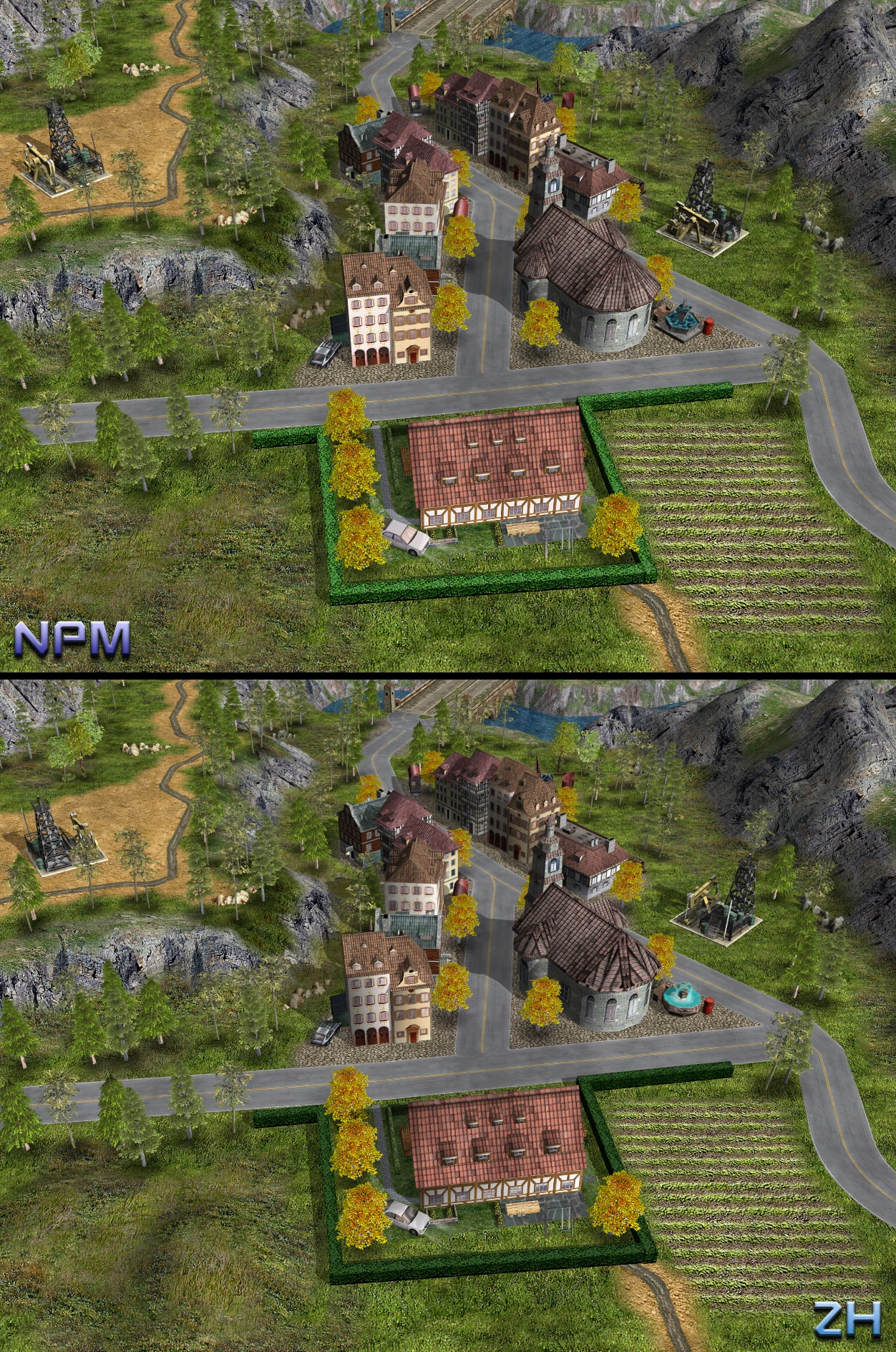 Два повітряні види на європейське місто та фермерський ландшафт з дорогами, будинками, сільгосптехнікою та нафтовими насосами з моду NProject