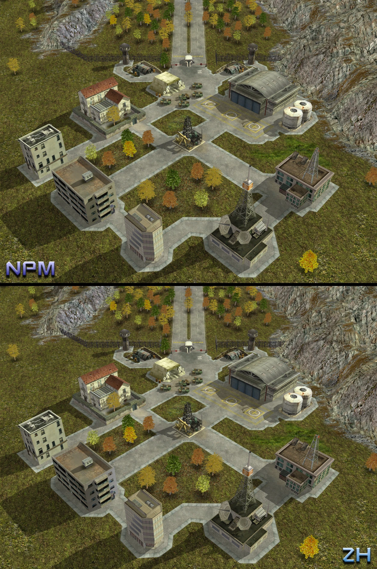Вигляд зверху на детальну військову базу з будівлями та дорогами в моді NProject для Command & Conquer Generals